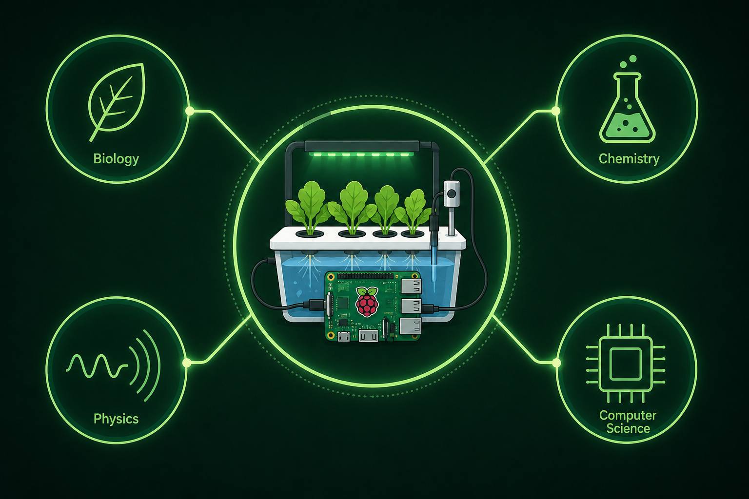 Curriculum map — biology, chemistry, physics, and computer science all connect to the hydroponic automation project
